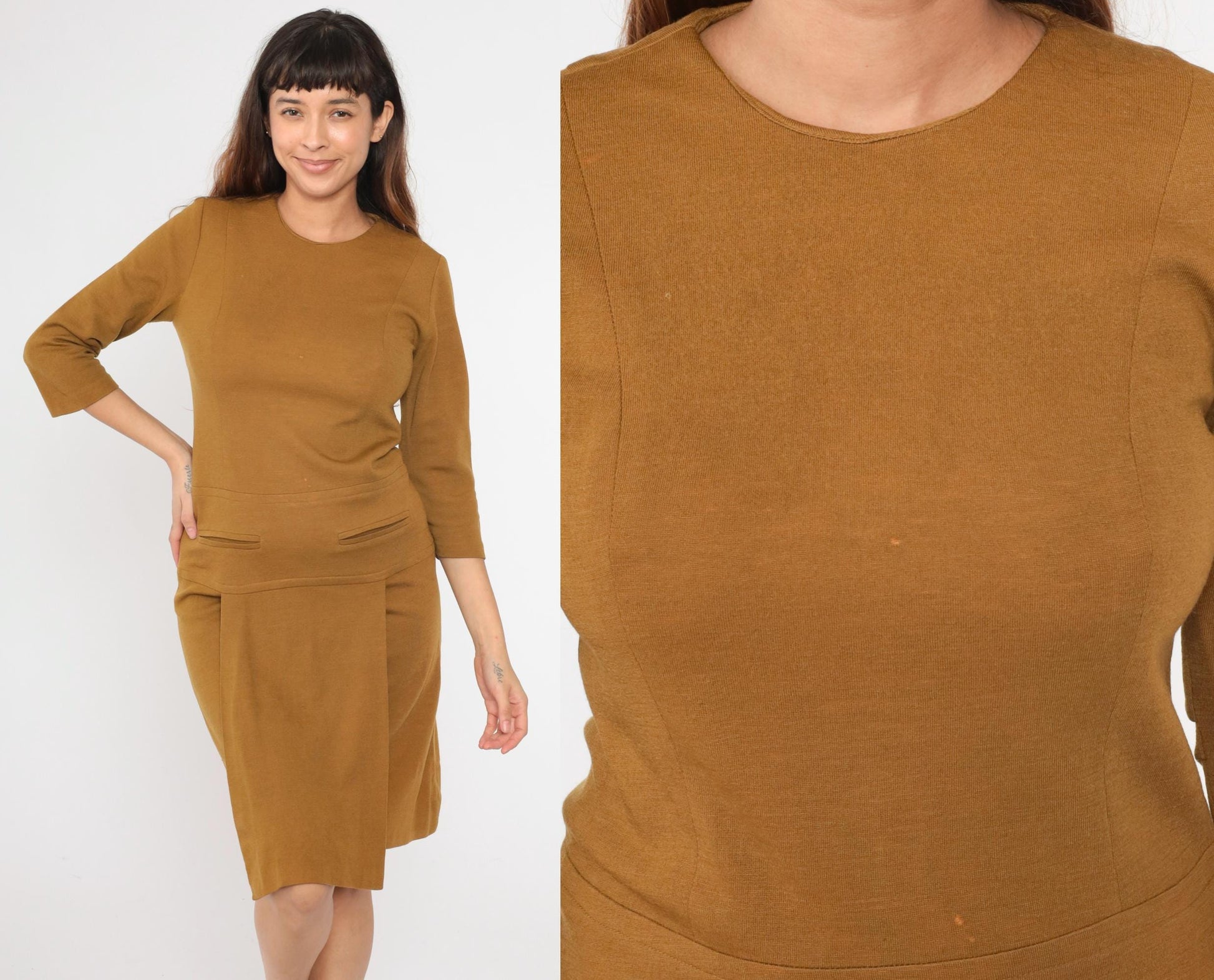 1960s Mod Scooter Dress Mustard Brown Wool Blend Drop Waist Pleated Small