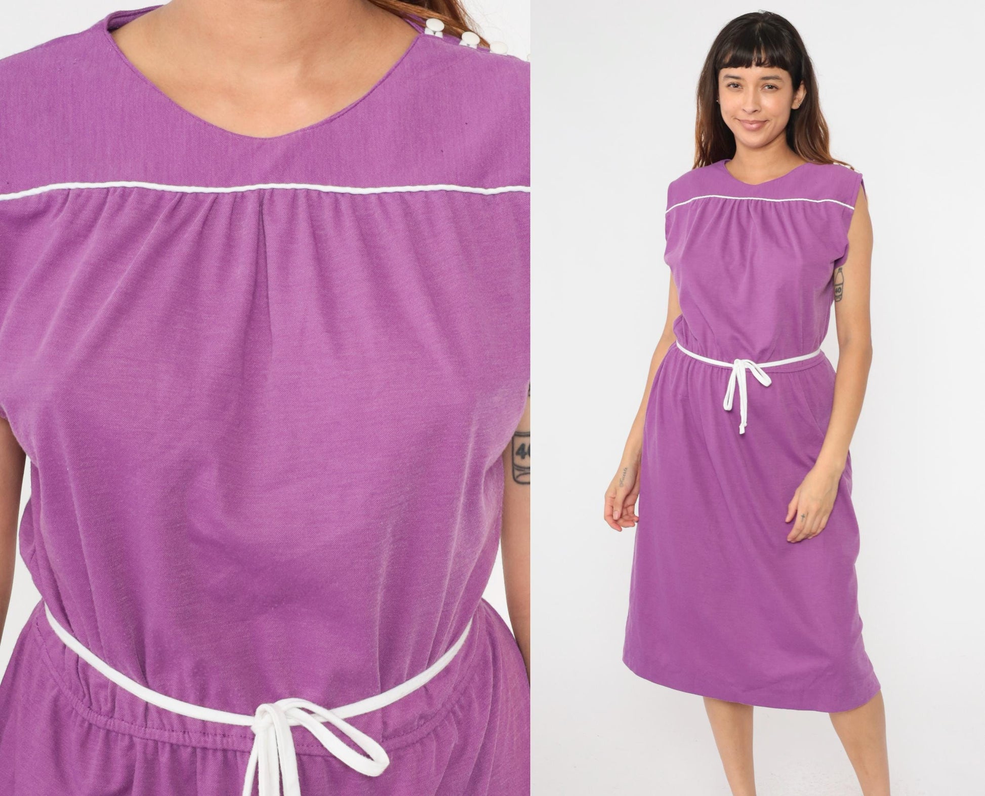 80s Purple Midi Sundress Sleeveless High Waist Button Shoulder Small Medium
