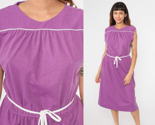 80s Purple Midi Sundress Sleeveless High Waist Button Shoulder Small Medium