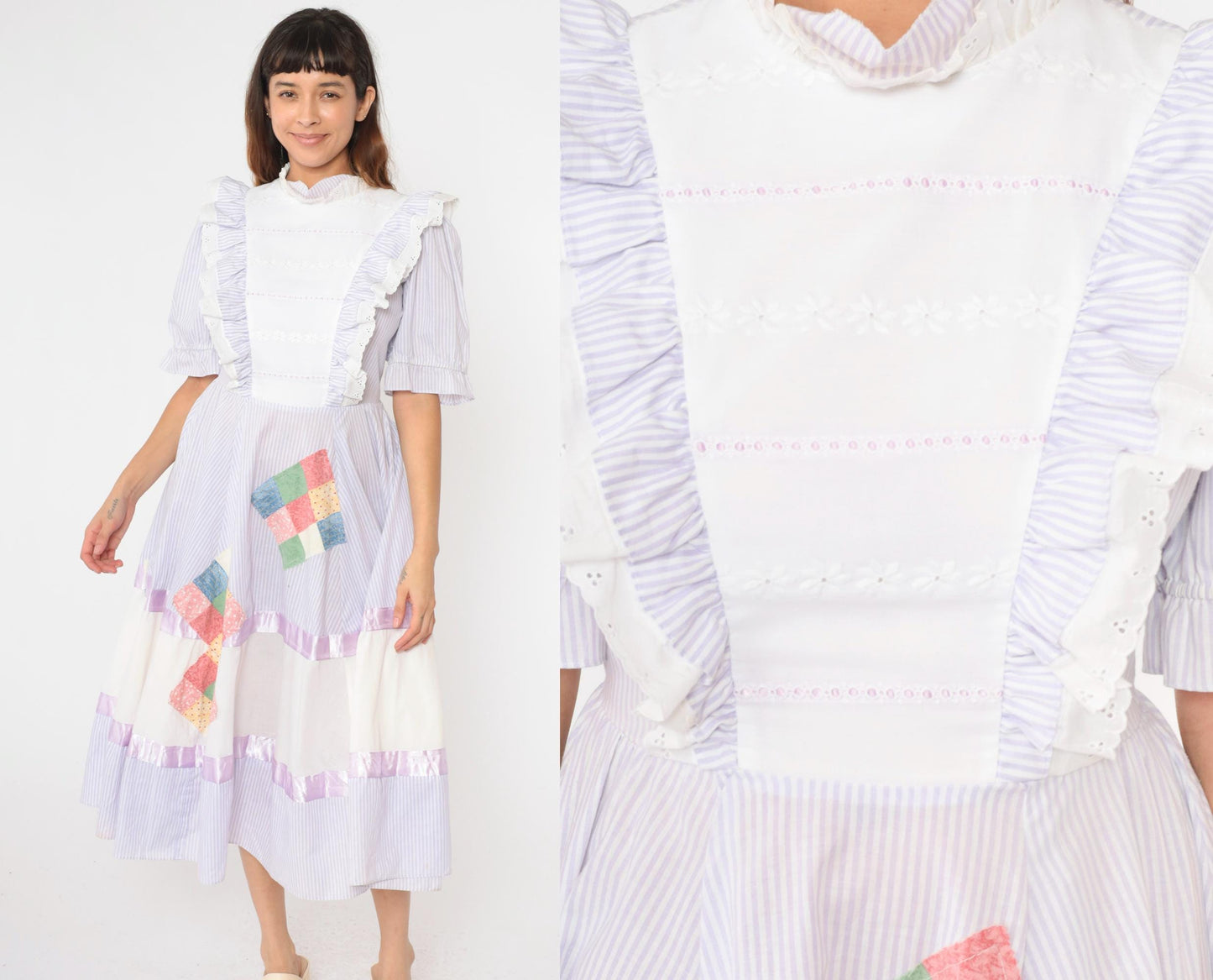 80s Jeri Bee Square Dance Dress Lavender Striped Puff Sleeve Midi Small