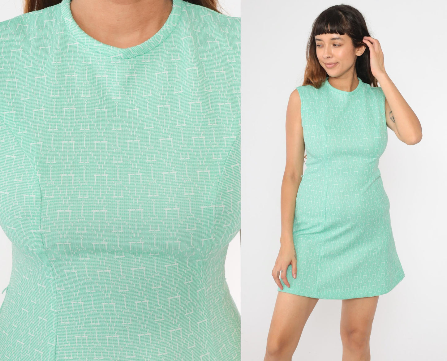 1960s Mint Geometric Print Shift Dress Sleeveless Mini Small