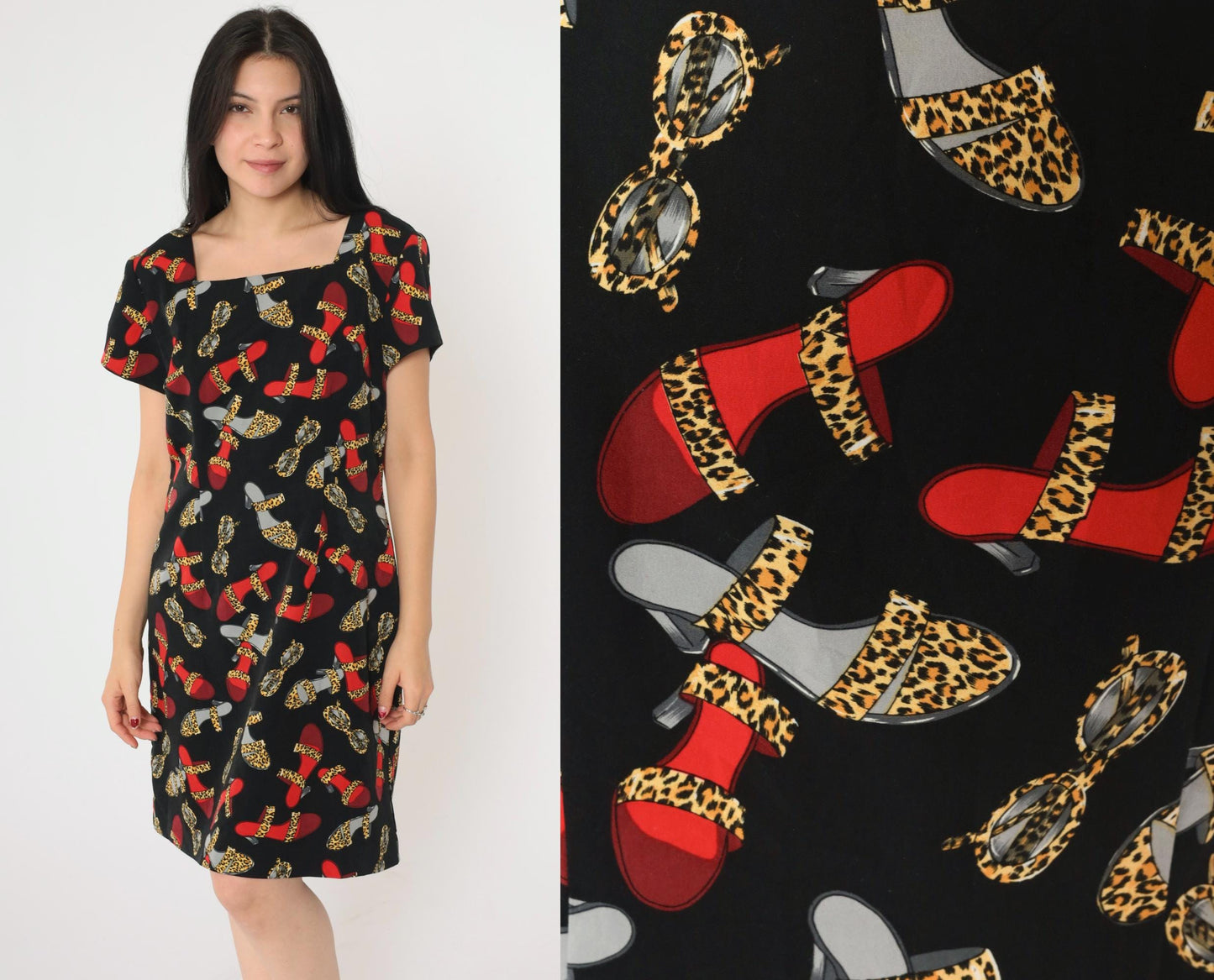 90s Jessica Howard Mini Dress Leopard Print Shoes Sunglasses Black Rayon Medium