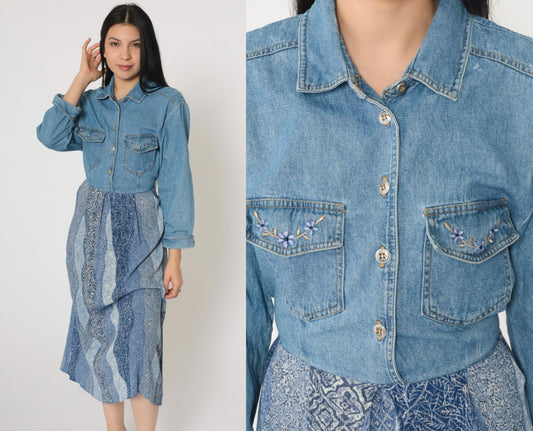 90s Nina Piccalino Denim Dress Floral Embroidered Patchwork Midi Medium