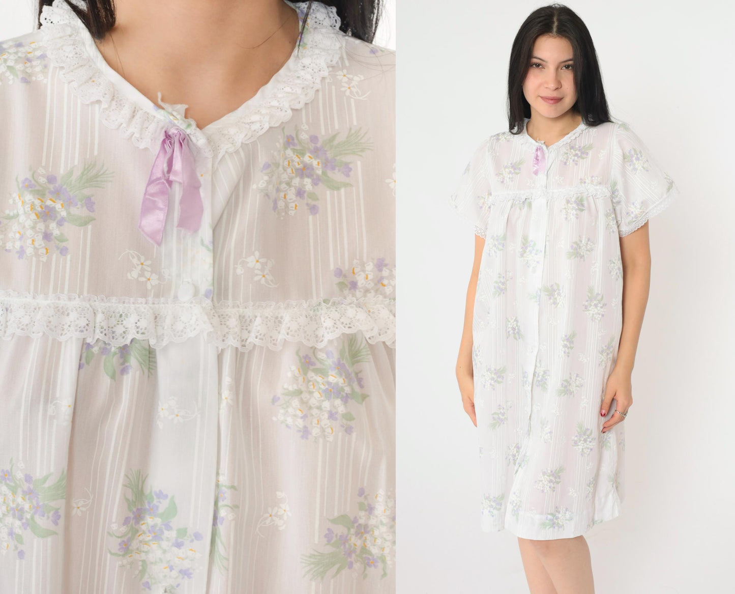 80s Floral Semi-Sheer Nightgown White Lace Puff Sleeve Button-Up Knee-Length Medium