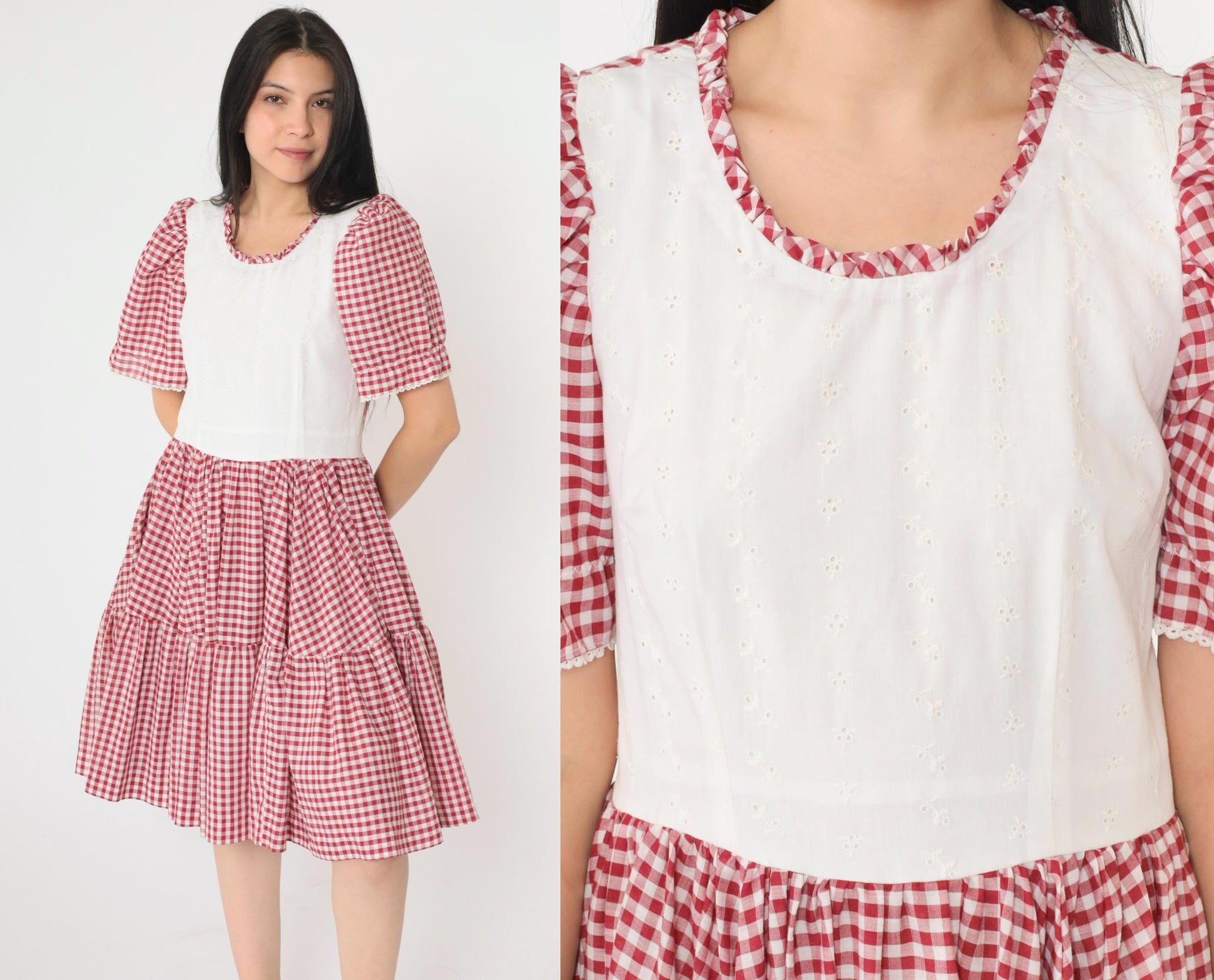 70s Red Gingham Prairie Dress Puff Sleeve Eyelet Lace High Waist Small Medium