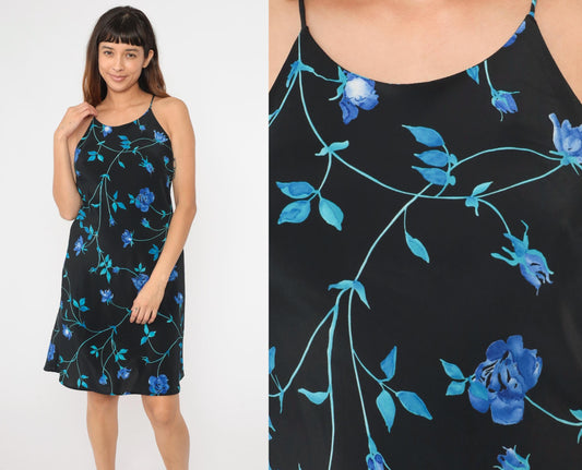 90s Black Floral Mini Dress Spaghetti Strap Shift Racerback Sleeveless Medium