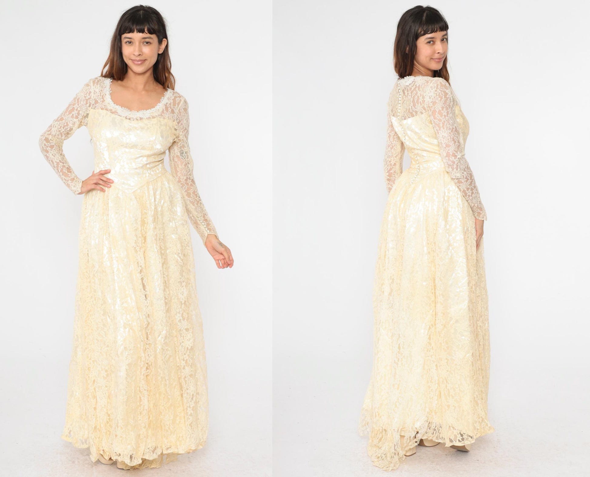 1950s Ivory Lace Wedding Dress Button Back Scalloped Neckline Maxi Medium 8