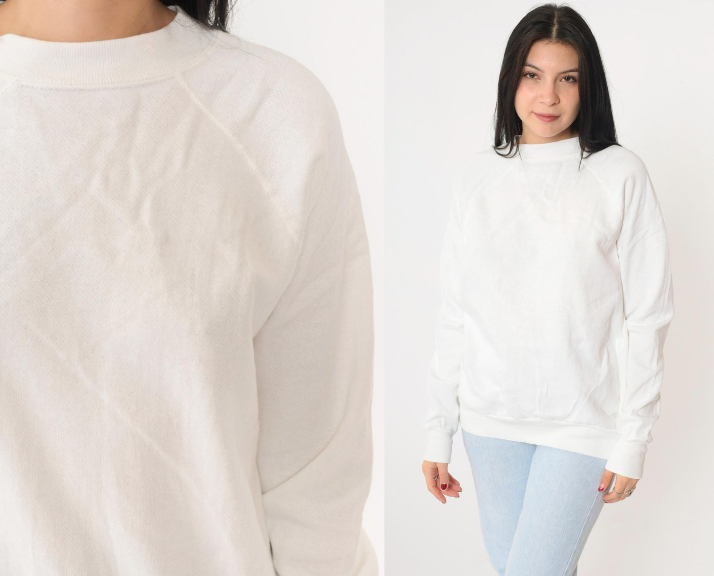 80s Plain White Raglan Sweatshirt Crewneck Pullover Medium