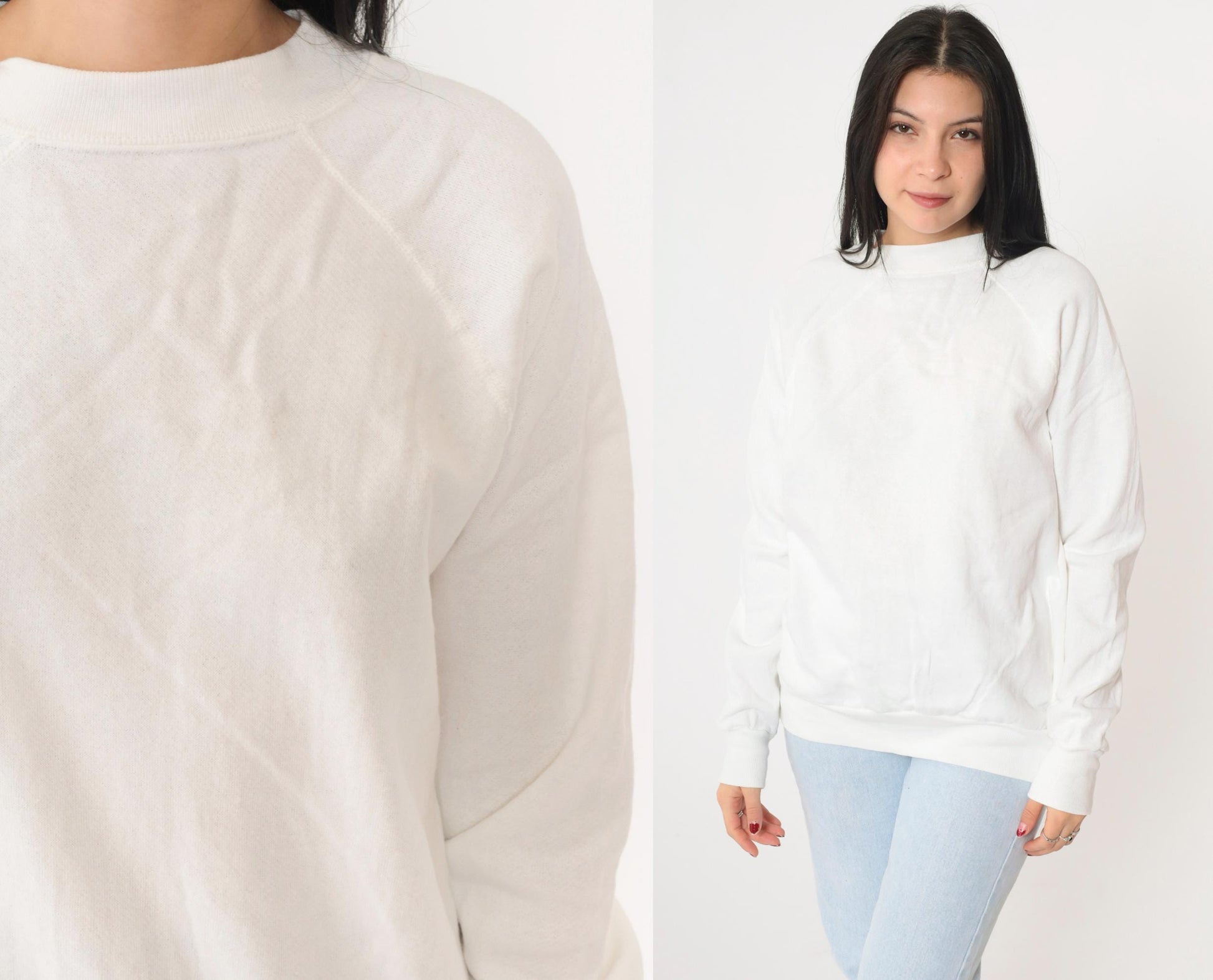 80s Plain White Raglan Sweatshirt Crewneck Pullover Medium