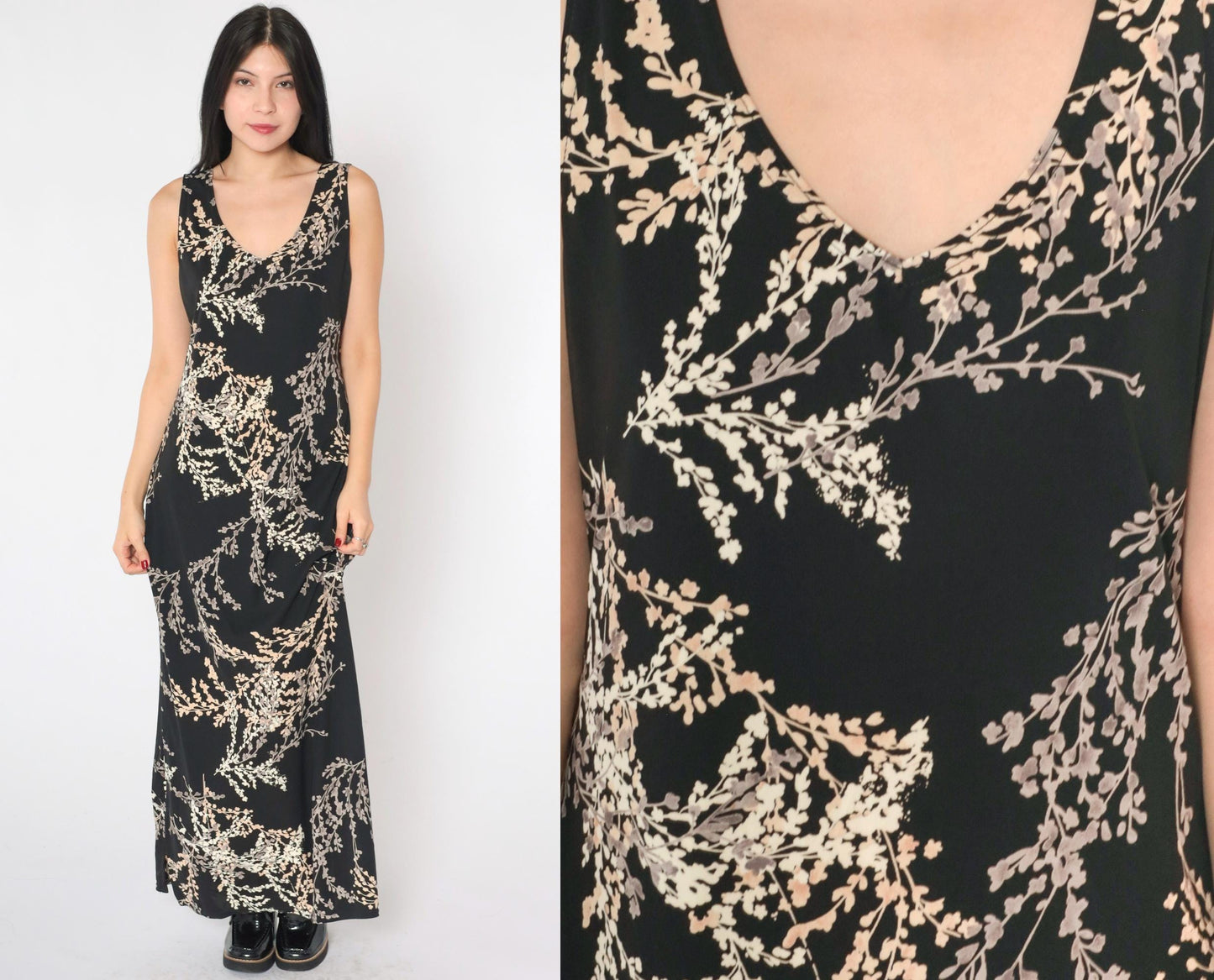 90s Black Floral Maxi Dress Sleeveless V-Neck Side Slit Medium