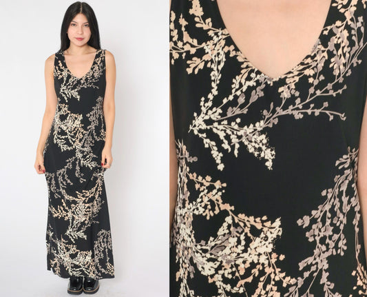 90s Black Floral Maxi Dress Sleeveless V-Neck Side Slit Medium