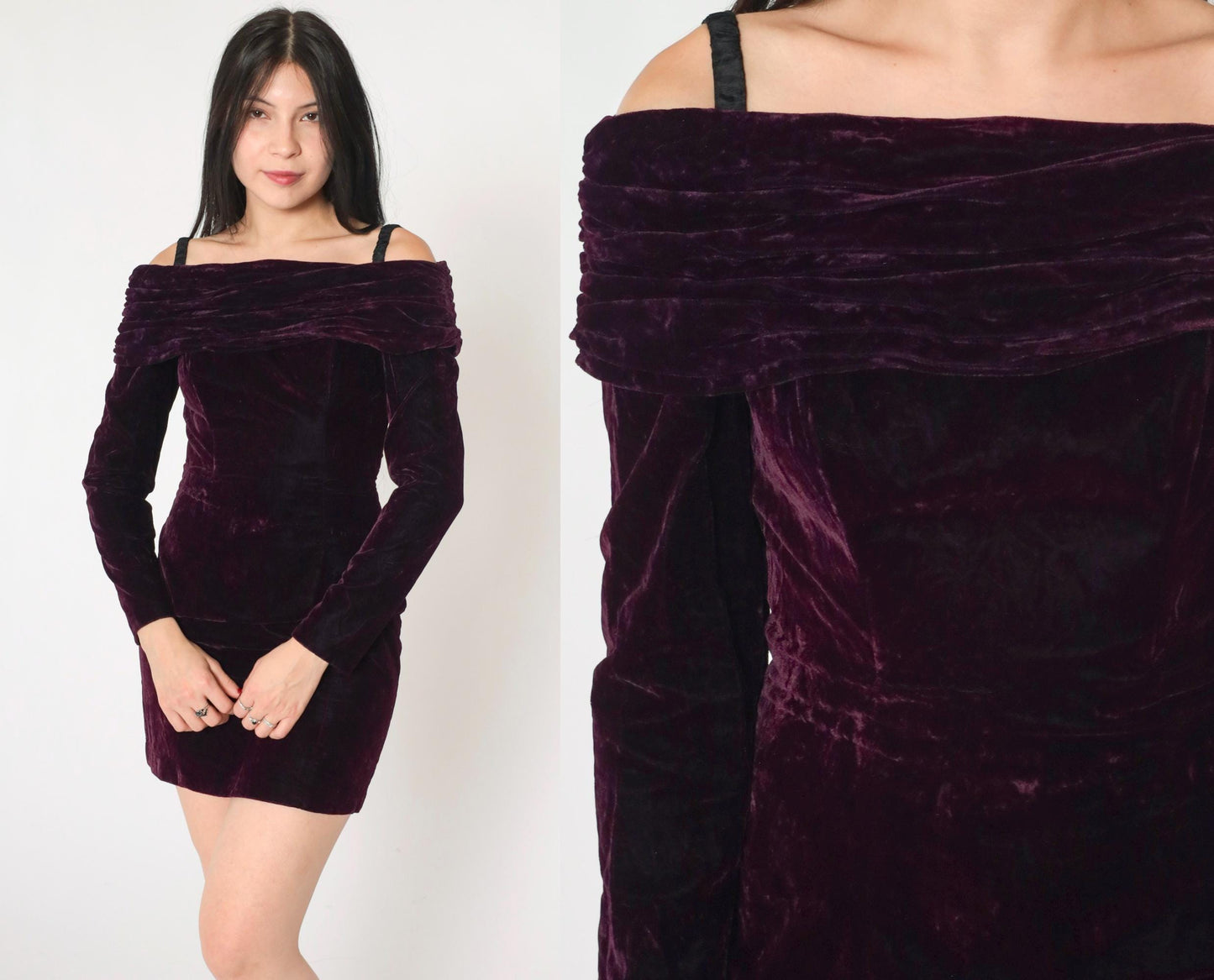 90s Rampage Velvet Mini Dress Off-Shoulder Spaghetti Strap Deep Purple Extra Small