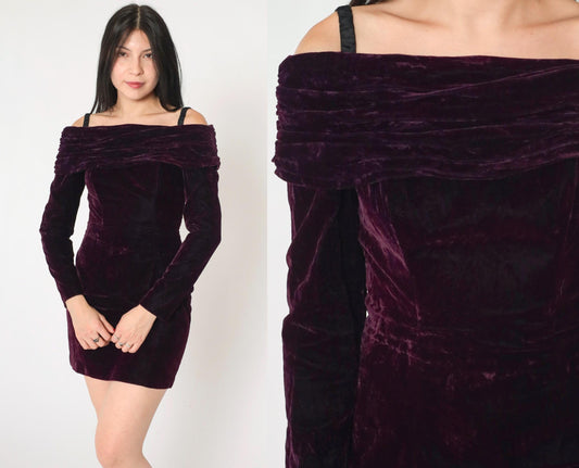 90s Rampage Velvet Mini Dress Off-Shoulder Spaghetti Strap Deep Purple Extra Small