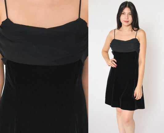 90s Black Velvet Chiffon Mini Dress Spaghetti Strap Train Medium 8