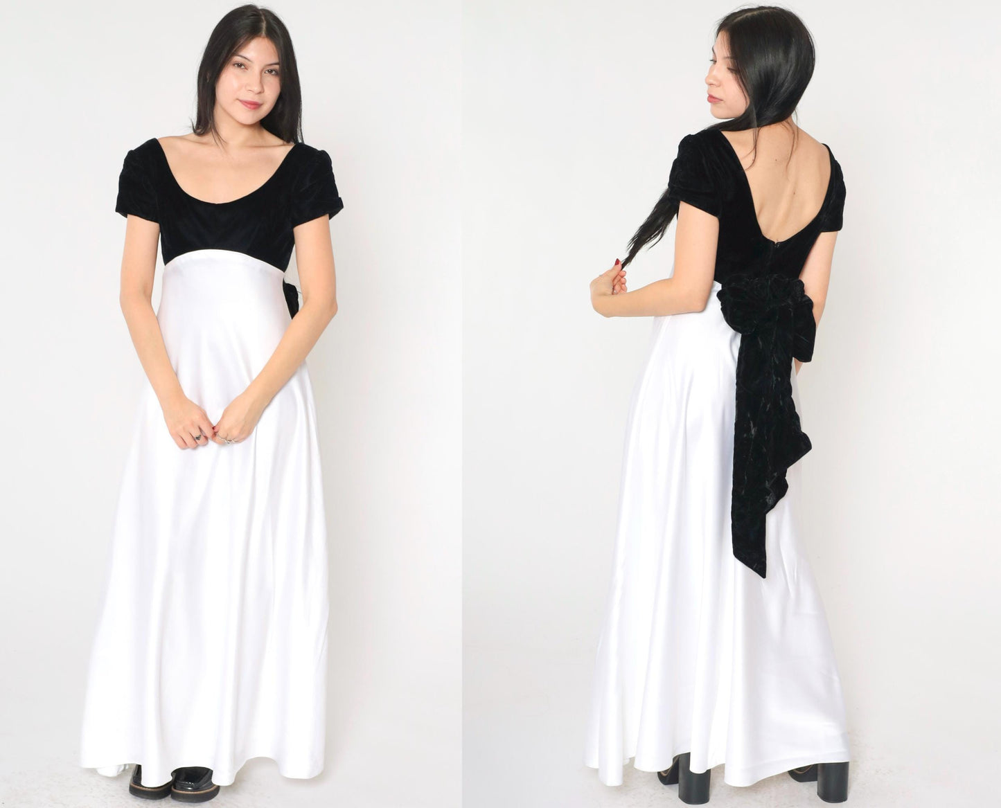 90s Jim Hjelm Black Velvet White Satin Maxi Dress Empire Waist Small 6
