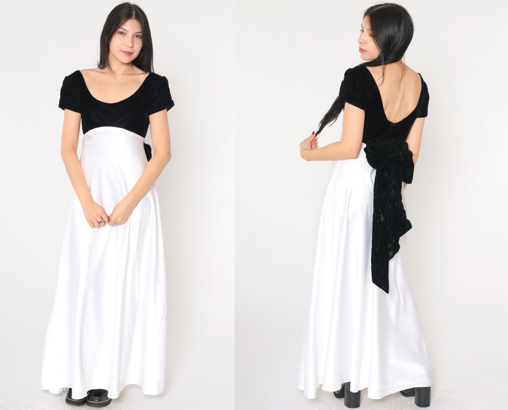 90s Jim Hjelm Black Velvet White Satin Maxi Dress Empire Waist Small 6