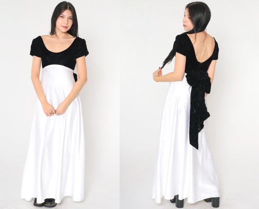 90s Jim Hjelm Black Velvet White Satin Maxi Dress Empire Waist Small 6