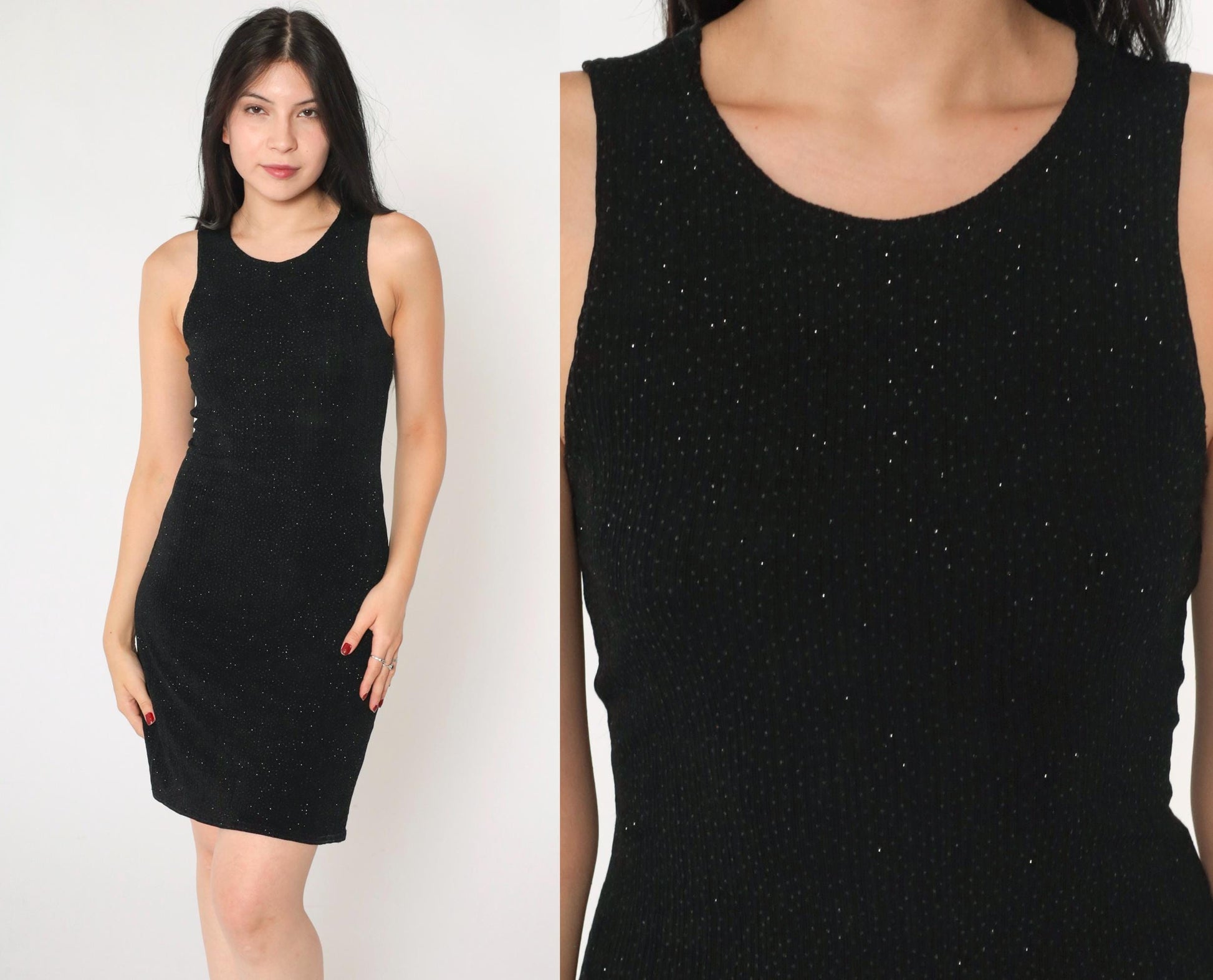 90s Black Metallic Sparkle Mini Bodycon Dress Sleeveless Small