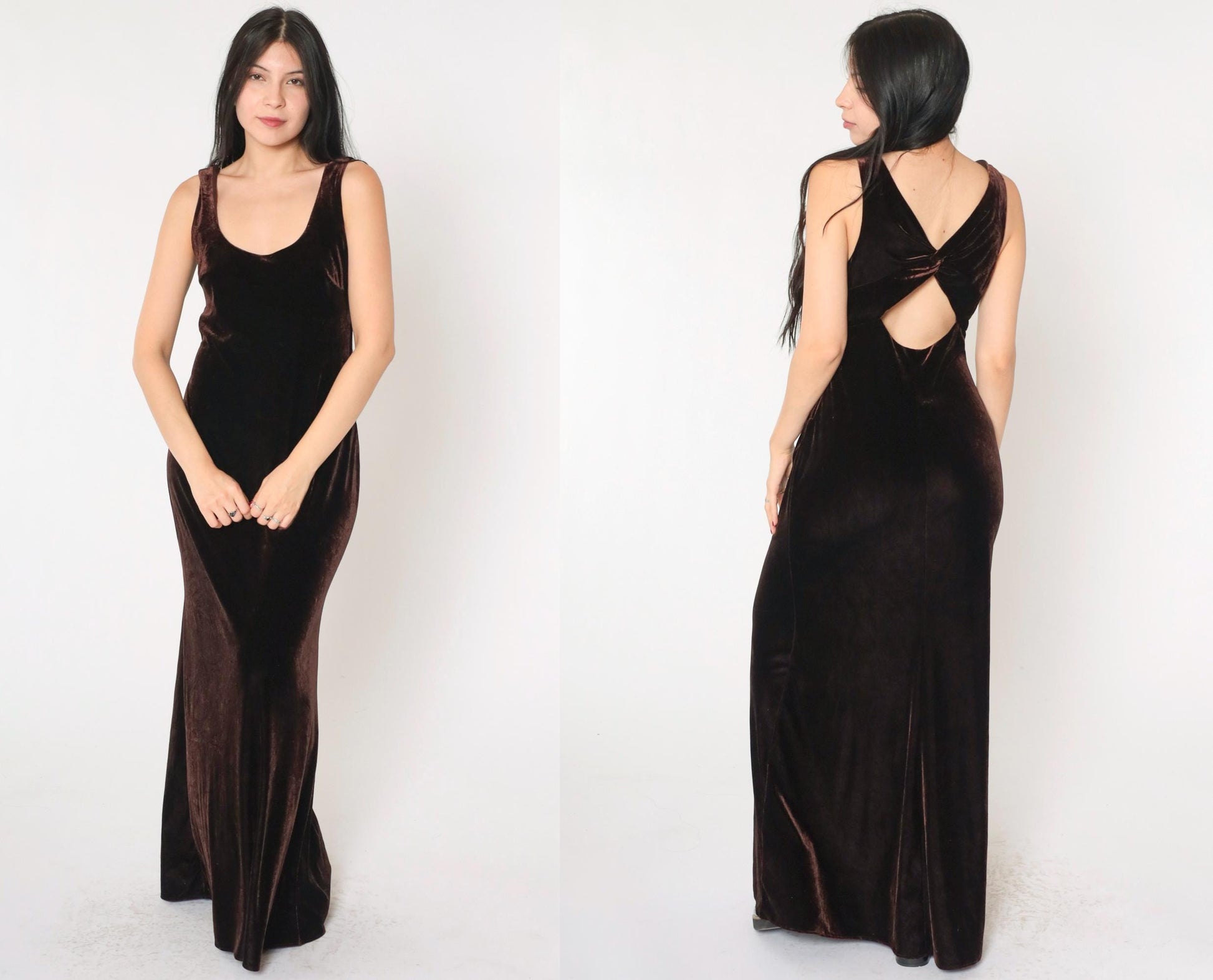 90s Niki Livas Brown Velvet Maxi Dress Keyhole Back Sleeveless Medium