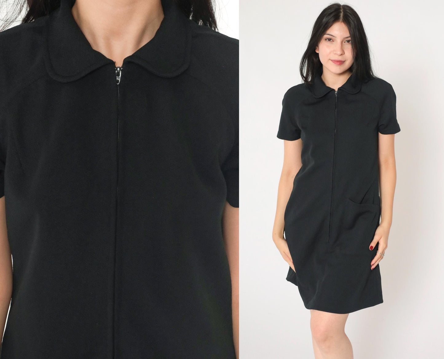 1960s Black Shift Mini Dress Front Zipper Short Sleeve Small S