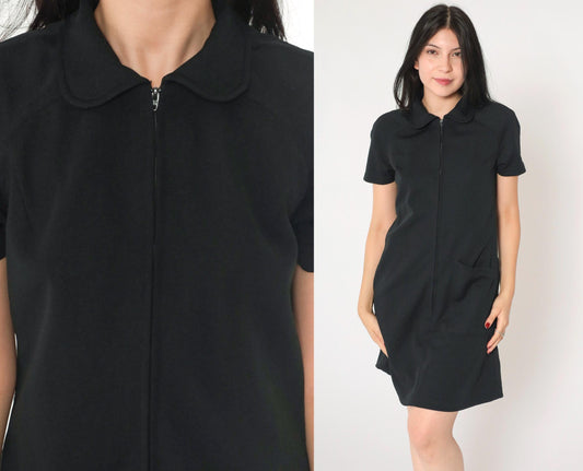 1960s Black Shift Mini Dress Front Zipper Short Sleeve Small S