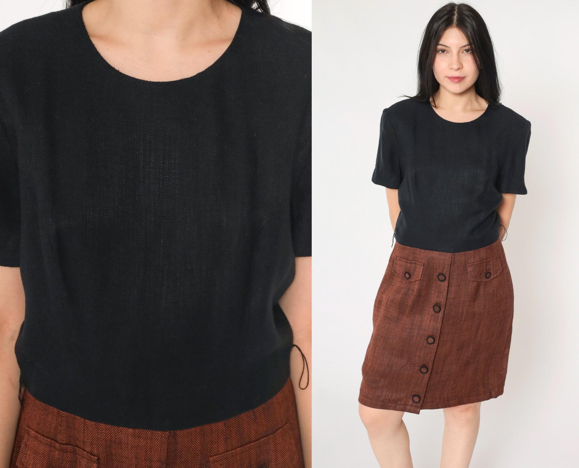 90s Maggy London Black Mini Dress Burnt Orange Button Skirt Medium