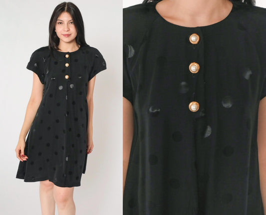 90s Black Mini Dress Embossed Polka Dot Pearl Buttons A-Line Small