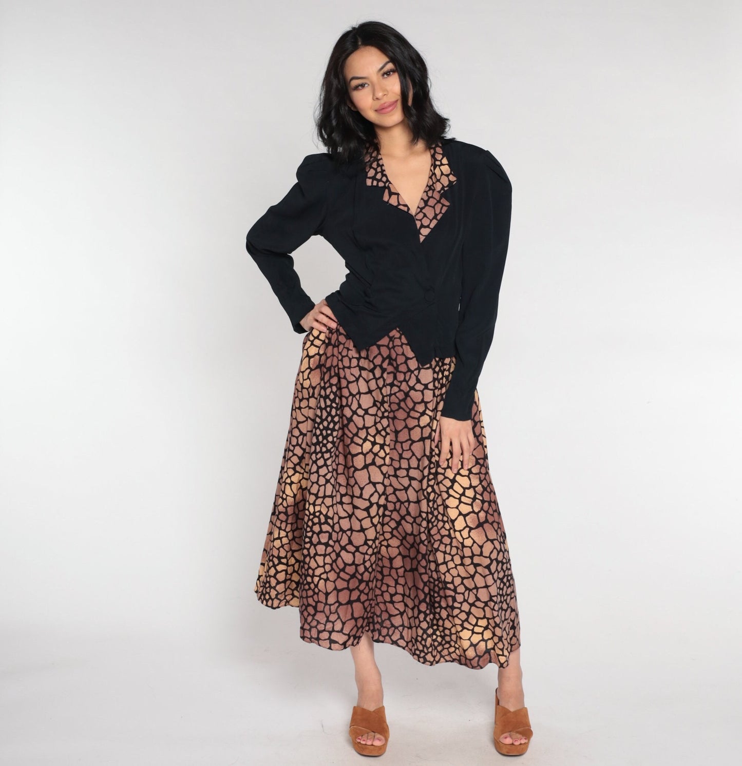 90s Visionz Midi Dress with Attached Blazer Black Brown Scale Print Puff Sleeve Small