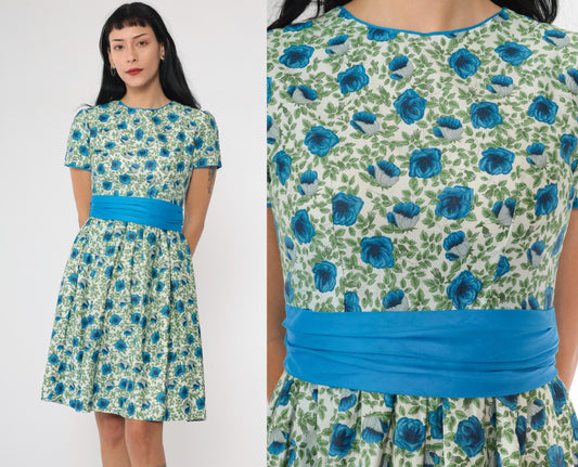 1960s Floral Dress Blue Green Mini High Waist Short Sleeve Small