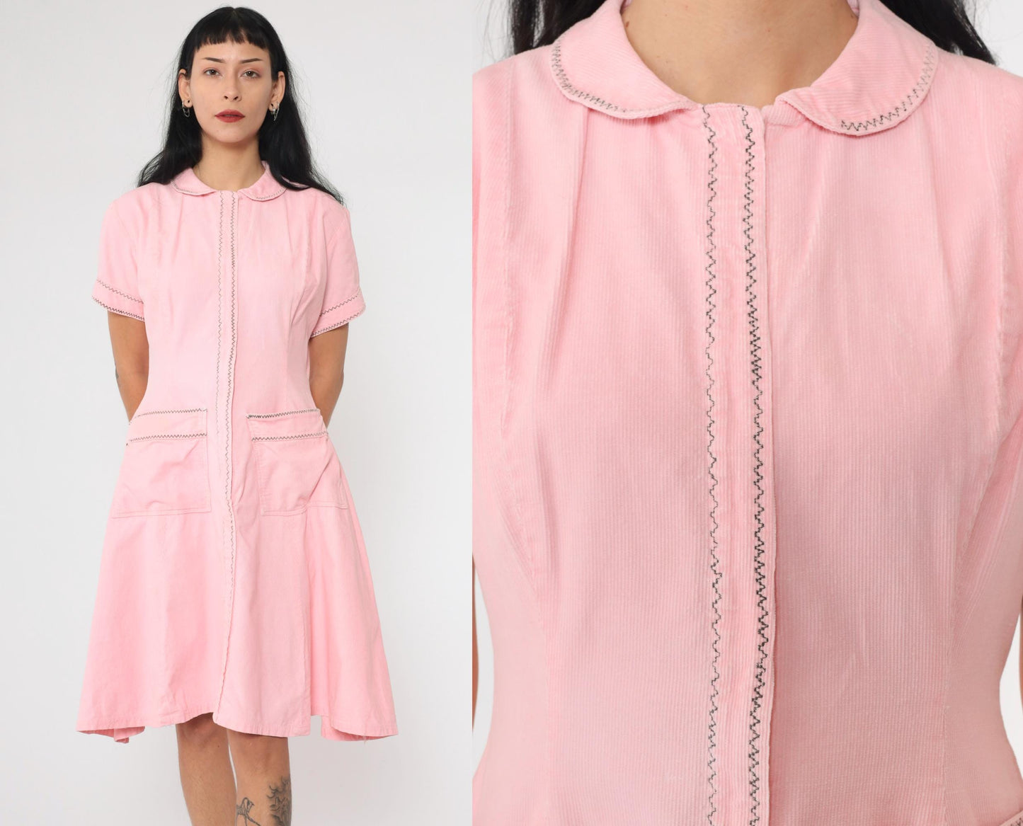 60s Pink Corduroy Mini Dress Peter Pan Collar A-Line Shift Pockets Medium