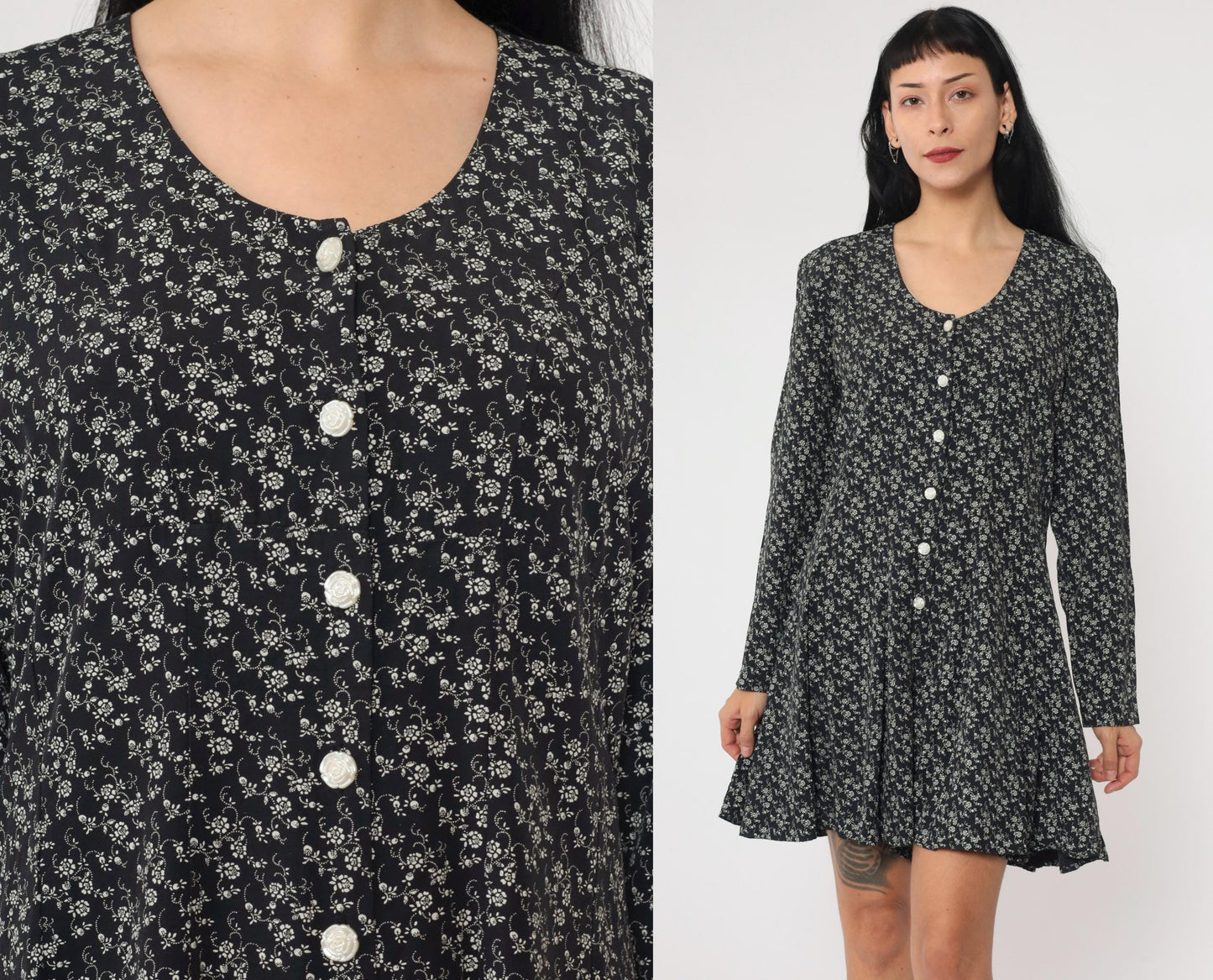 90s Floral Button-Up Romper Black White Long Sleeve Wide Leg Small Medium