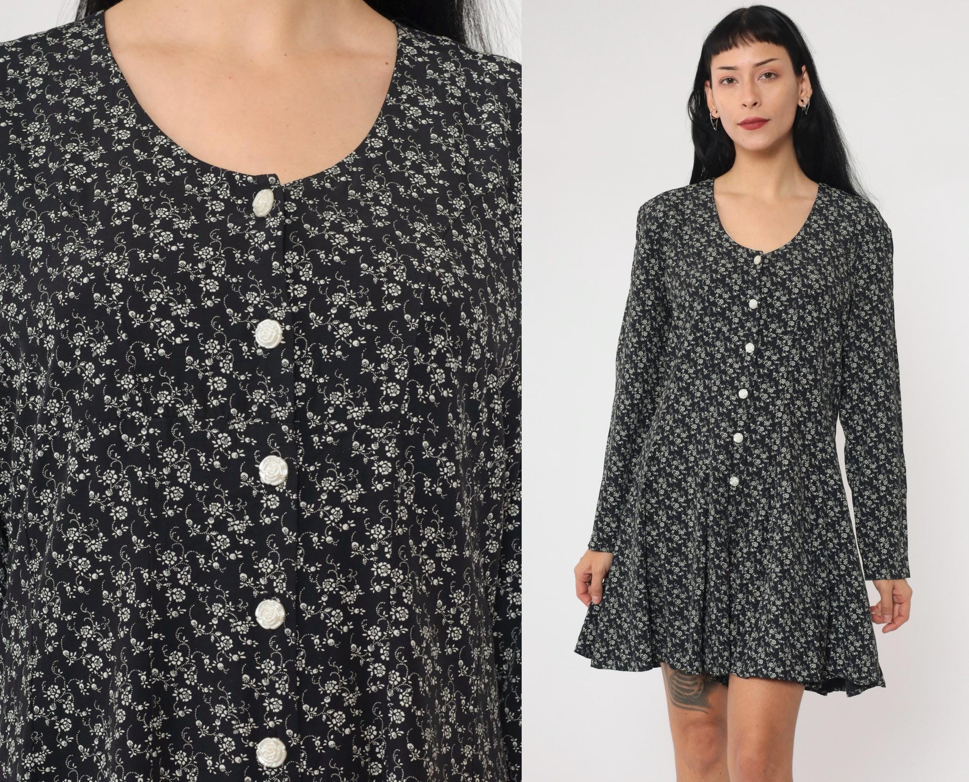 90s Floral Button-Up Romper Black White Long Sleeve Wide Leg Small Medium