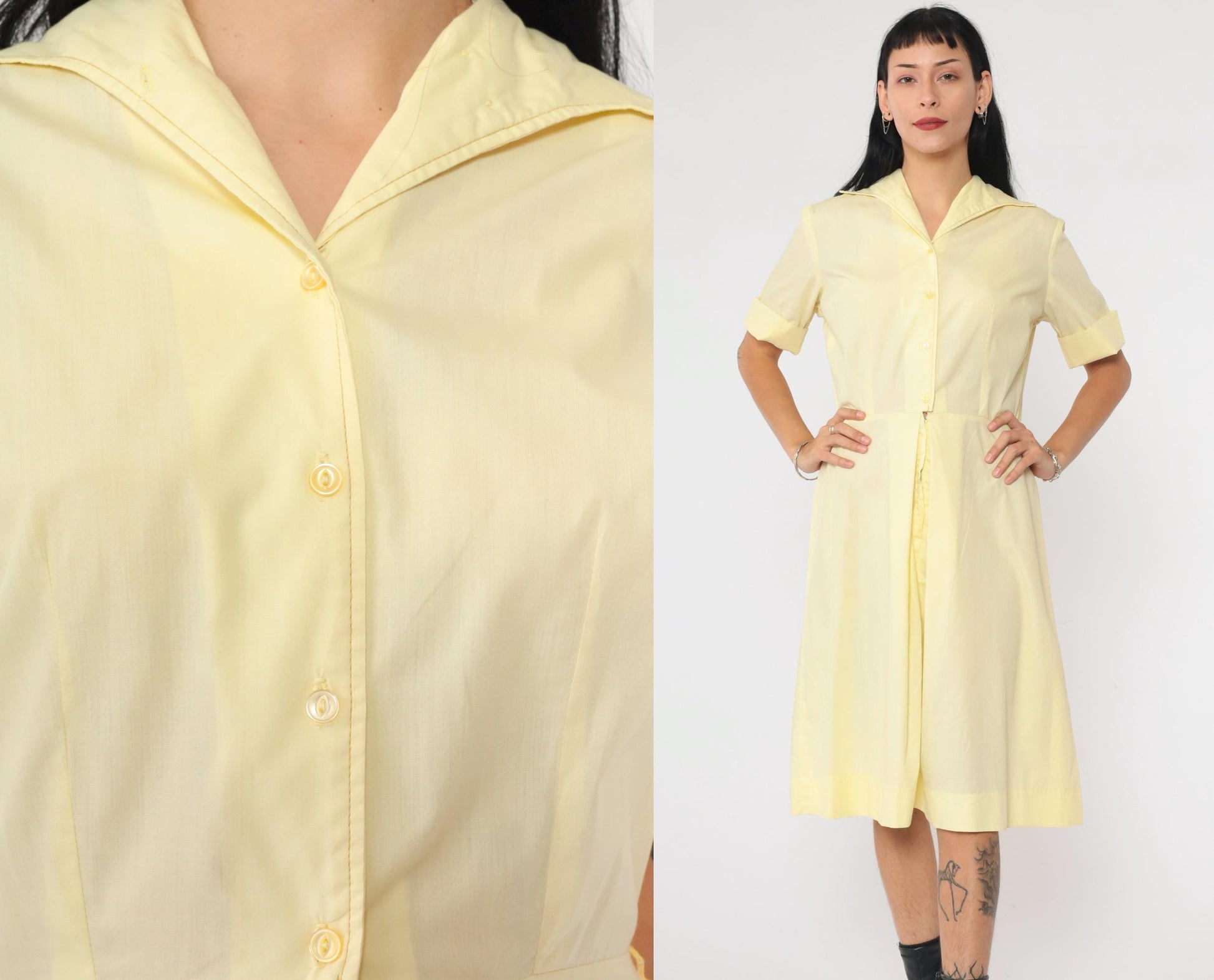 60s Light Yellow Button-Up Shirtdress Midi Collared High Waist Small