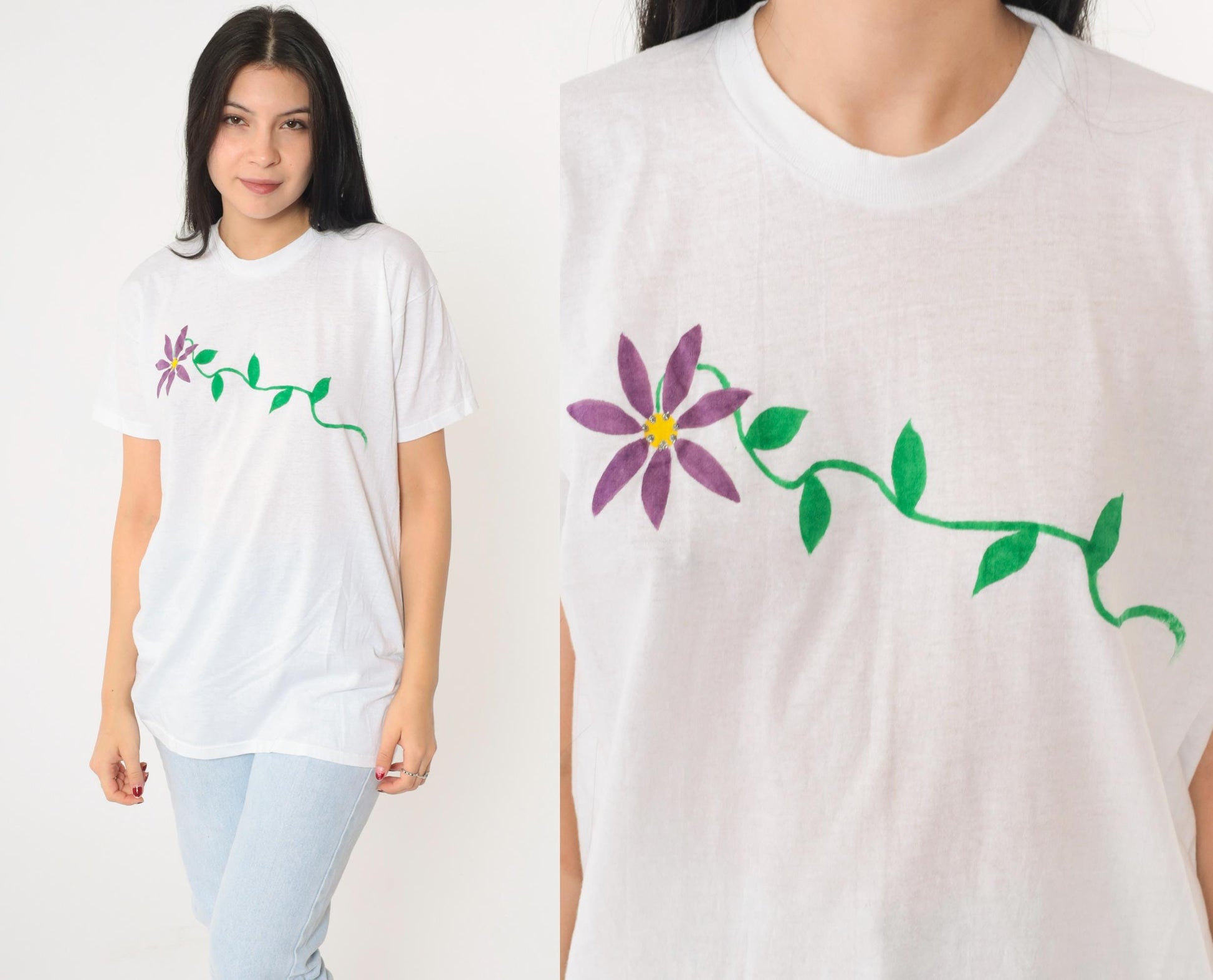 90s Hand Painted Floral T Shirt Silver Sparkle White Purple Crewneck Medium Large