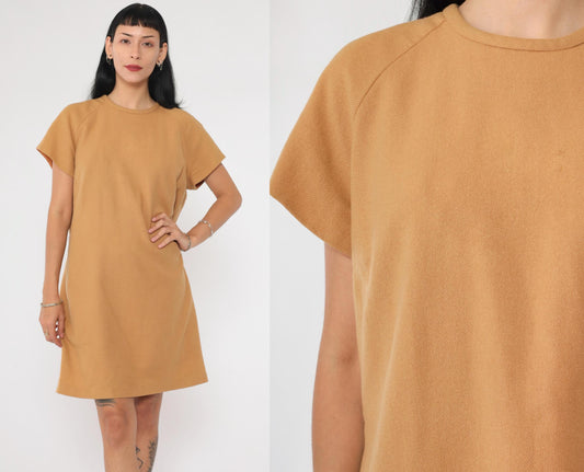 60s Tan Wool Shift Dress Mini Length Short Sleeve Rear Zip Medium