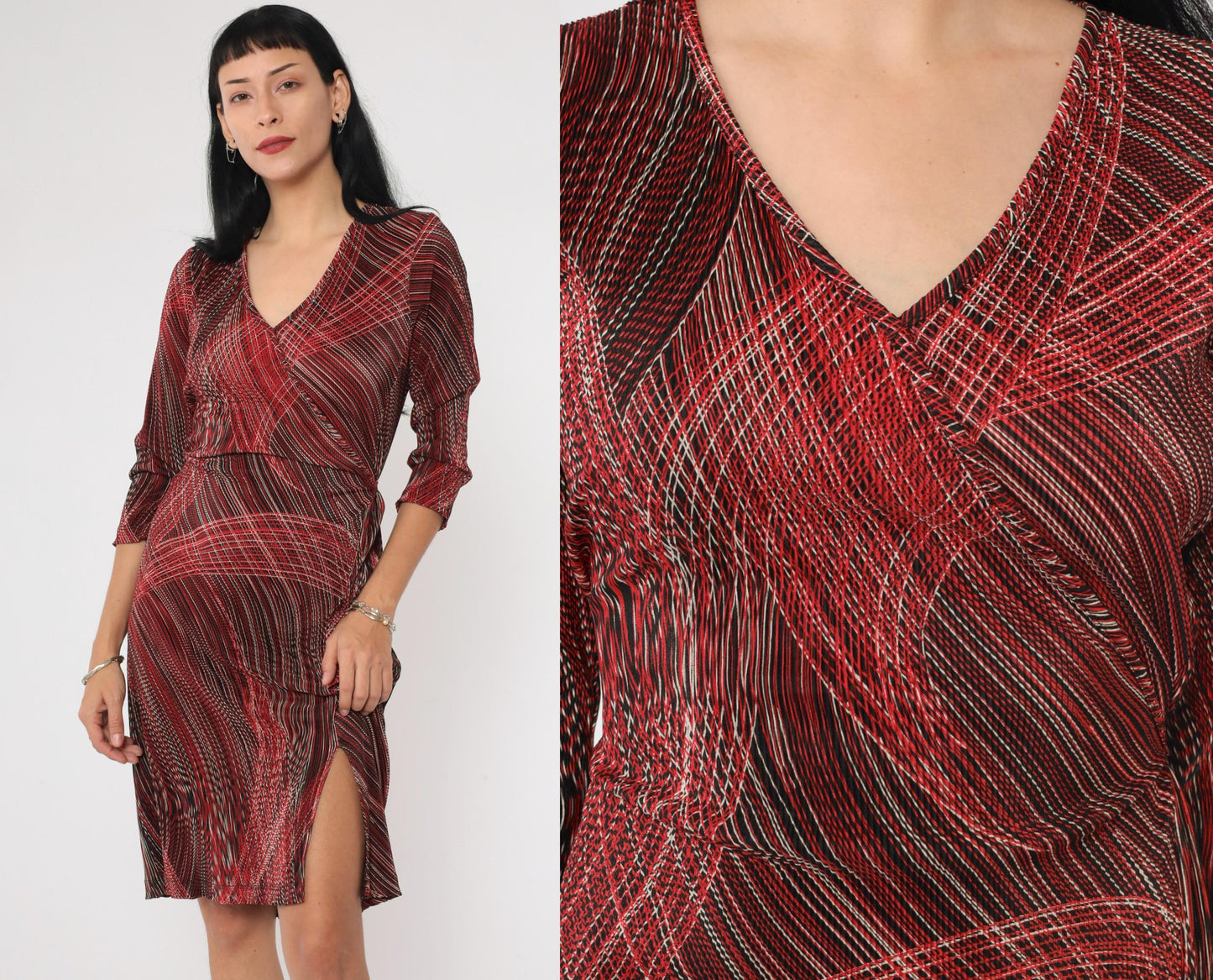 90s Teddi Dresses Striped Faux Wrap Minidress Red Black White V Neck Medium