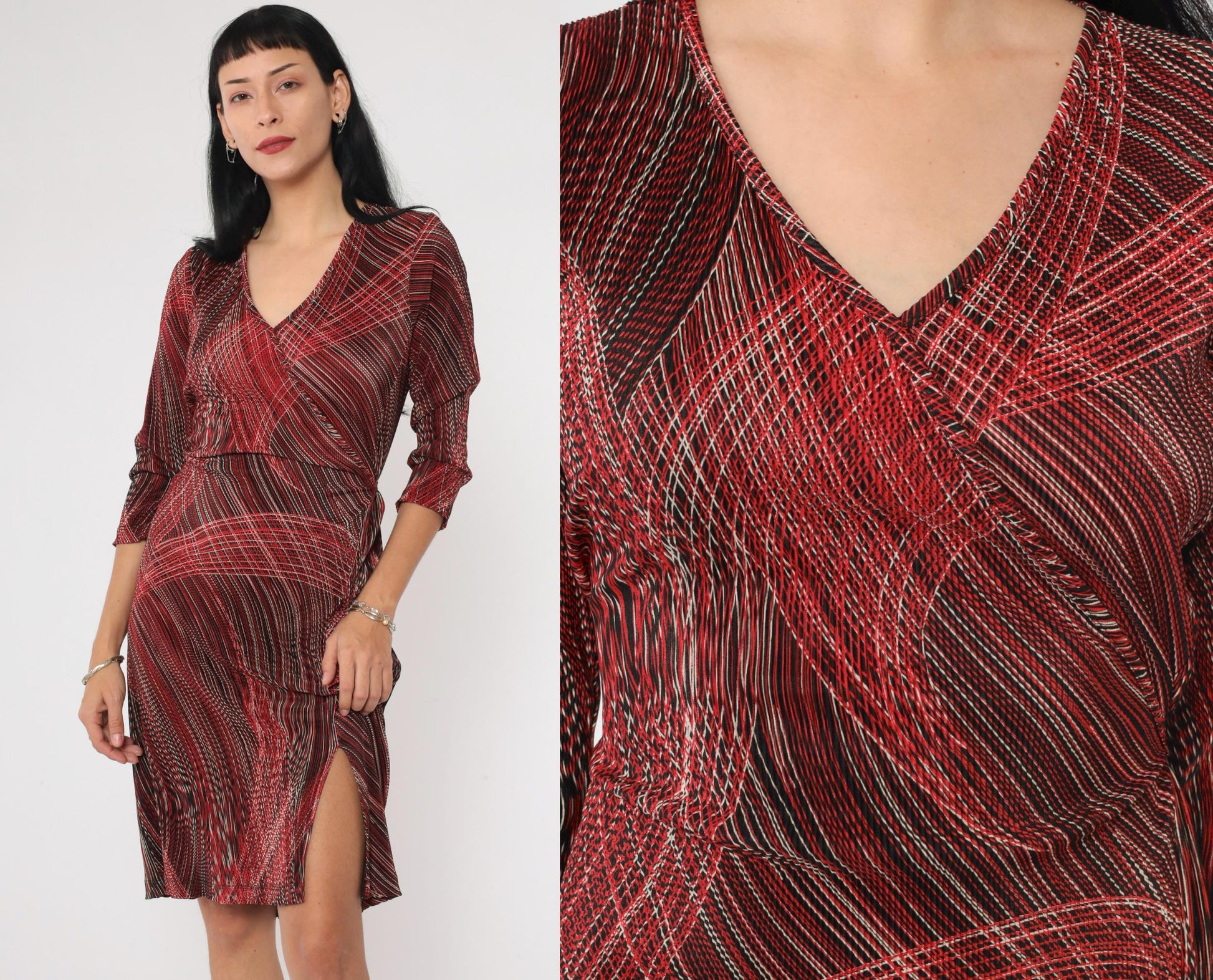 90s Teddi Dresses Striped Faux Wrap Minidress Red Black White V Neck Medium