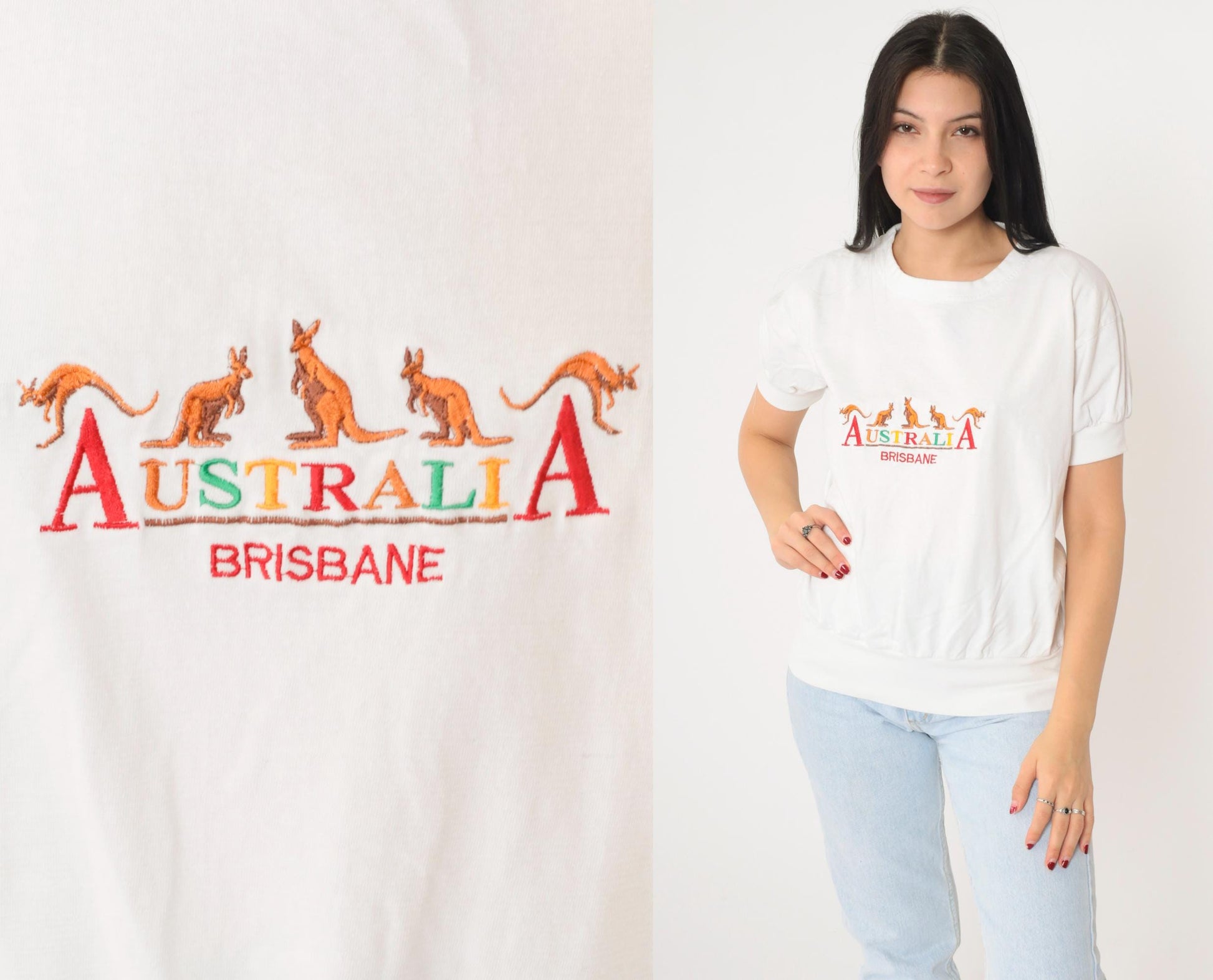 90s Brisbane Australia Kangaroo Embroidered T-Shirt White Graphic Tee Large L