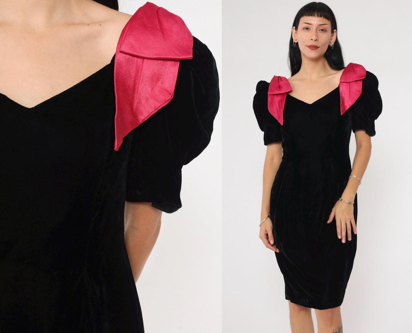 80s Black Velvet Mini Dress Puff Sleeve Fuchsia Bow Sheath Small 4