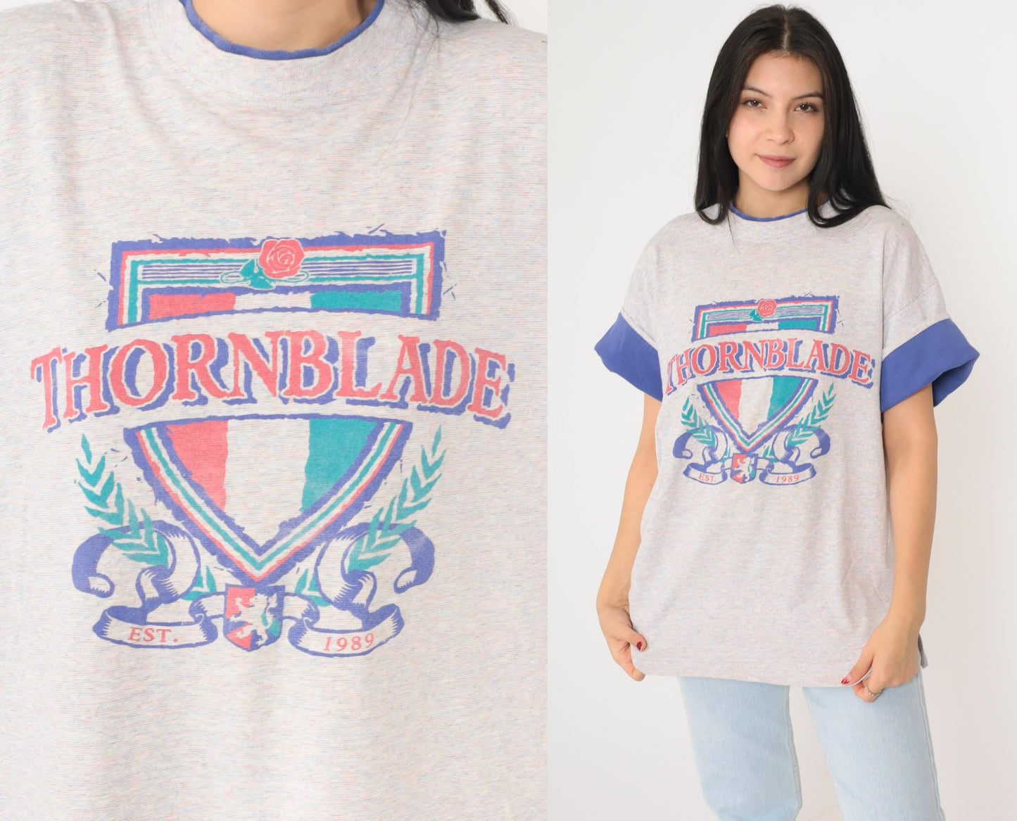 90s Thornblade Golf Club Crest Ringer Tee Heather Grey Blue Large L