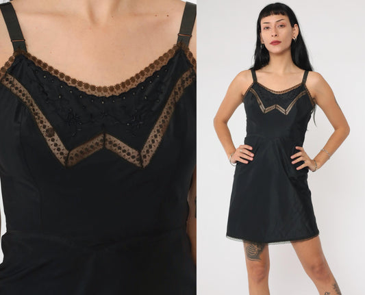 1950s Black Slip Dress Floral Embroidered Lace Trim Barbizon Extra Small