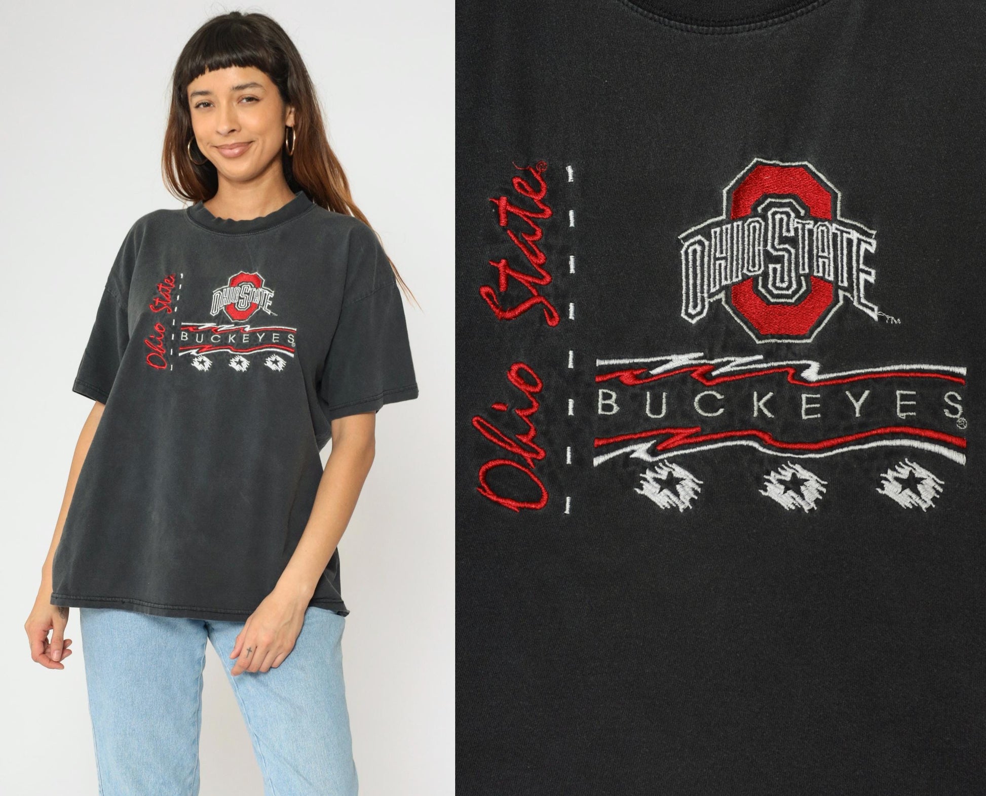 90s Ohio State Buckeyes Embroidered T-Shirt Faded Black Cotton Extra Large XL