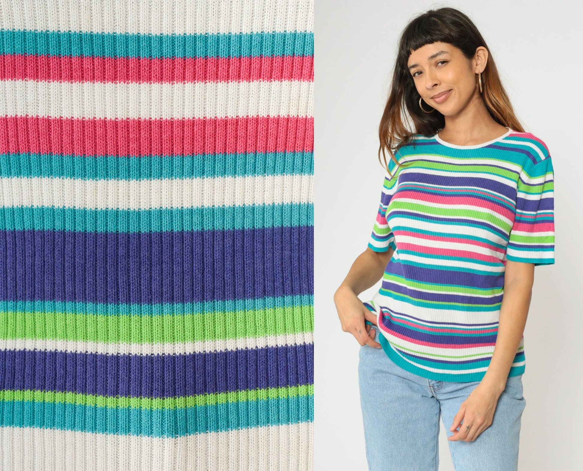 90s Worthington Striped Ribbed Knit Top Short Sleeve Pink Purple Blue Large L