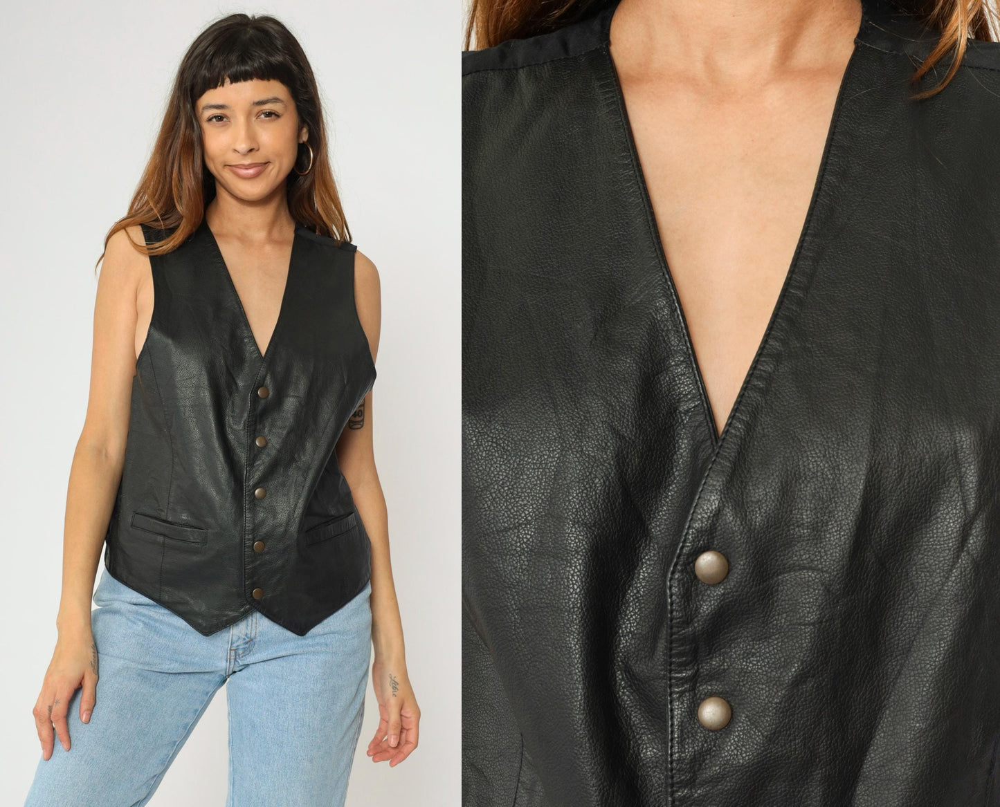 90s Wilsons Leather Black Biker Vest Snap Front Sleeveless Extra Small