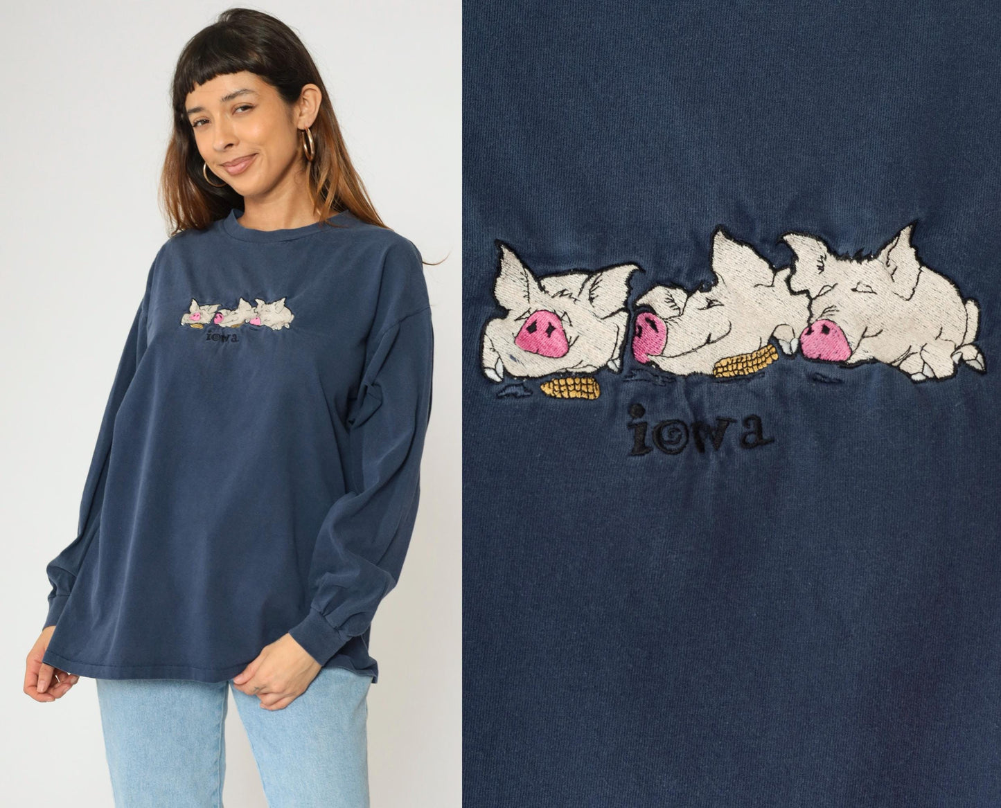 90s Iowa Pig Corn Embroidered Long Sleeve T Shirt Navy Blue Extra Large XL