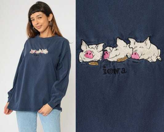 90s Iowa Pig Corn Embroidered Long Sleeve T Shirt Navy Blue Extra Large XL