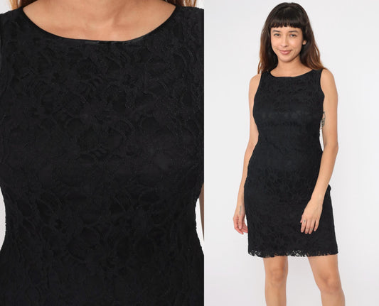 90s Talbots Black Lace Mini Sheath Dress Sleeveless Medium 8