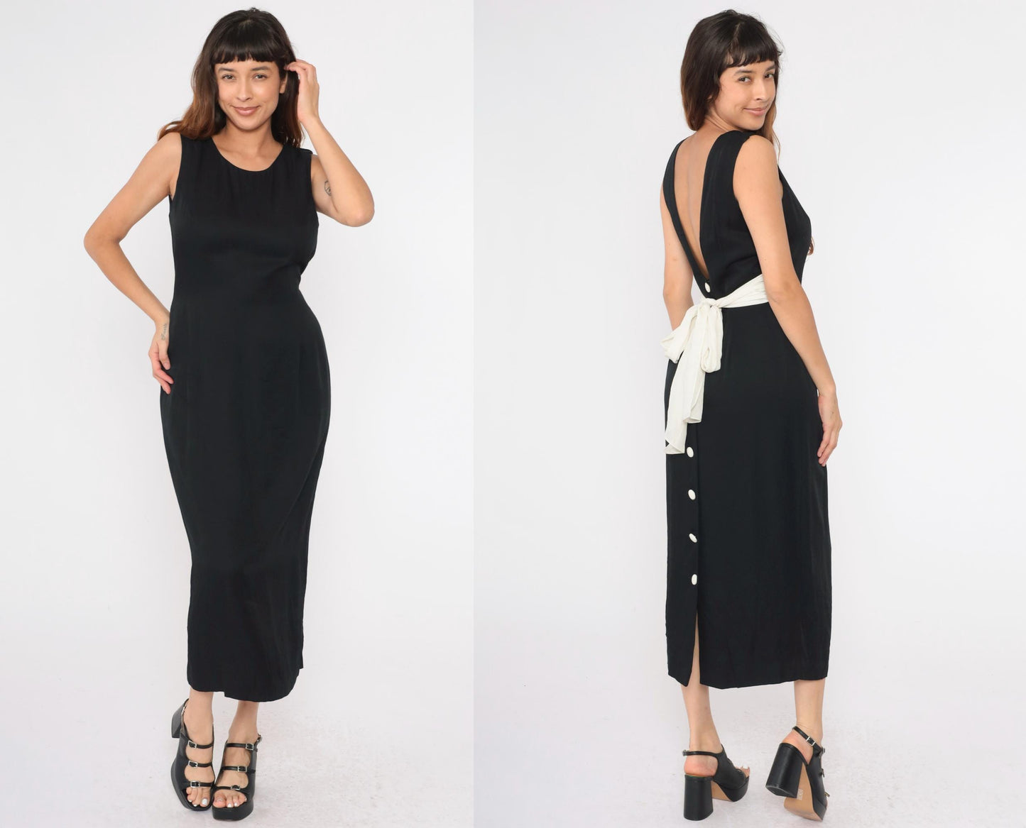 90s Black Sheath Dress White Bow Back Sleeveless Scoop Neck Maxi Medium