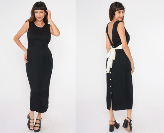 90s Black Sheath Dress White Bow Back Sleeveless Scoop Neck Maxi Medium