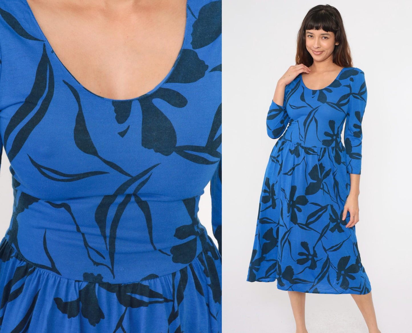 80s Blue Floral Midi Dress Puff Sleeve Fit and Flare Low Waist Small